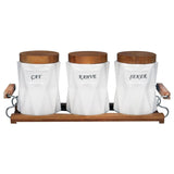 Tea, Coffee, Sugar - 3 White Ceramic Diamond Jars with Lid on Wooden Tray Set