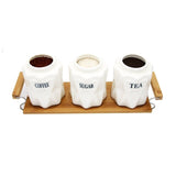 Tea, Coffee, Sugar - 3 White Ceramic Diamond Jars with Lid on Wooden Tray Set