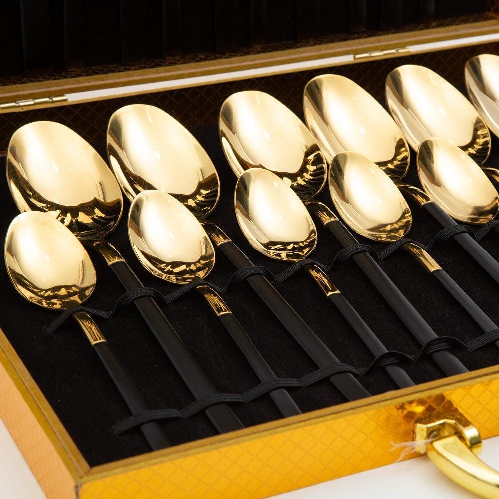 Cressida 24 Piece Stainless Steet Cutlery Set in Classy Gift Box (Golden with Black Handle)