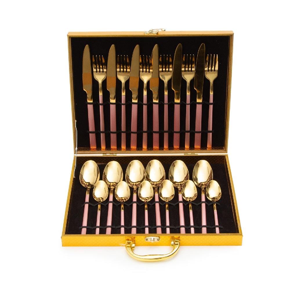 Cressida 24 Piece Stainless Steel Cutlery Set in Classy Gift Box (Golden with Pink Handle)