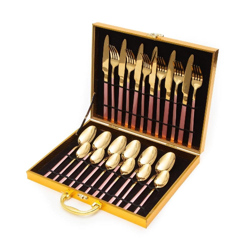 Cressida 24 Piece Stainless Steel Cutlery Set in Classy Gift Box (Golden with Pink Handle)