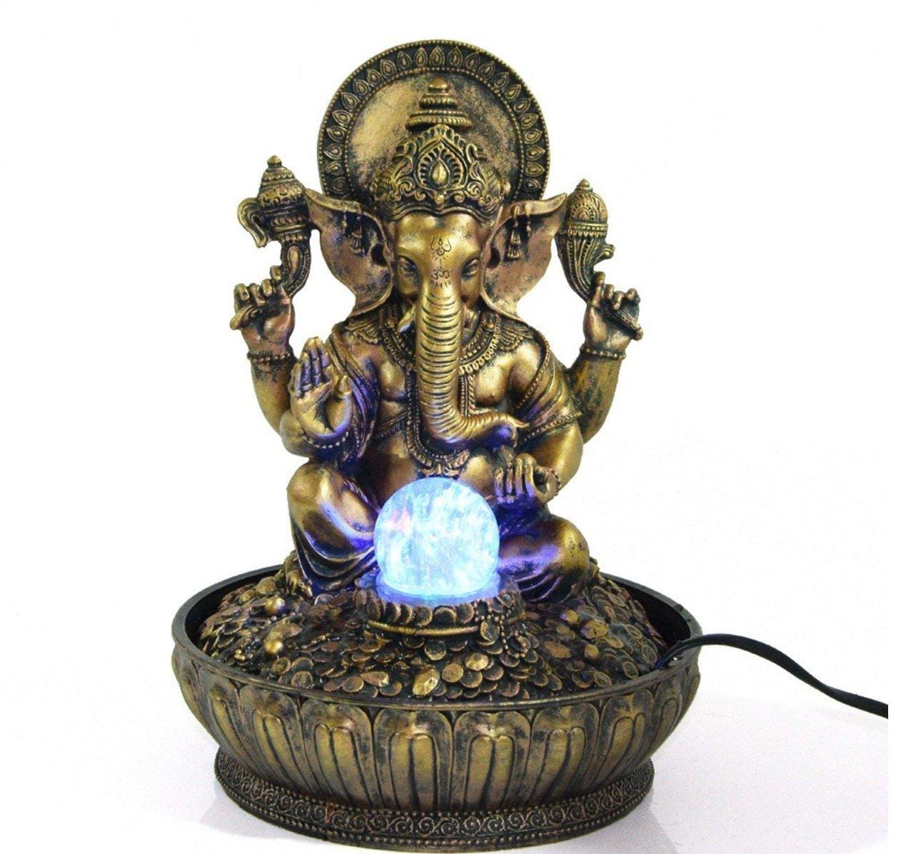 Fengshui Water Fountain - Ganesha Blessings with LED Light & Crystal Ball (Gold & Bronze)