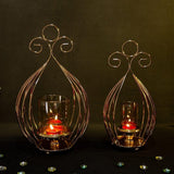 Floral Caged Metal Candle Stand Set with Glass Shades (2 Incremental Size Set)