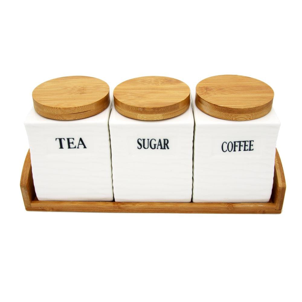 Tea, Coffee, Sugar - 3 White Ceramic Flow Jars with Lid on Wooden Tray Set