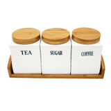 Tea, Coffee, Sugar - 3 White Ceramic Flow Jars with Lid on Wooden Tray Set