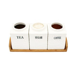 Tea, Coffee, Sugar - 3 White Ceramic Flow Jars with Lid on Wooden Tray Set