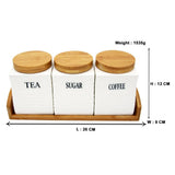 Tea, Coffee, Sugar - 3 White Ceramic Flow Jars with Lid on Wooden Tray Set