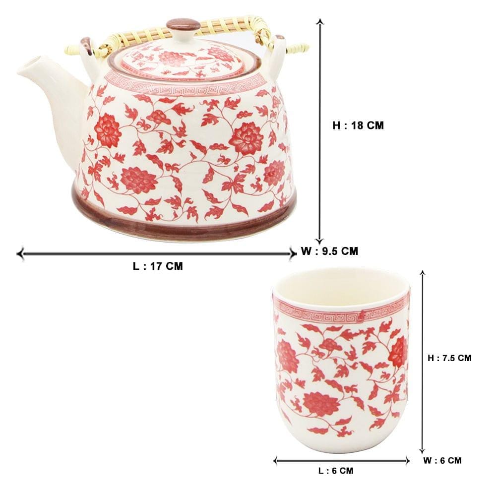 Enchanting Flowers Ceramic Tea Pot with SS Infuser & 6 Cups Set in Gift Box