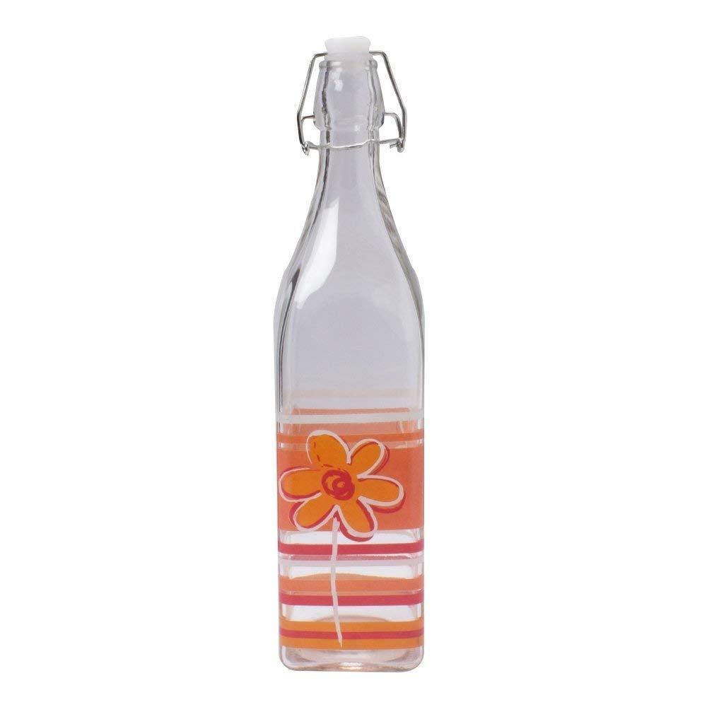 Transparent Orange Flowers Glass Bottle with Cork (1000 ml)