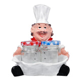 Foodie Chef Figurine Resin Holder Tray with 2 Glass Condiment Jars (Front Facing)