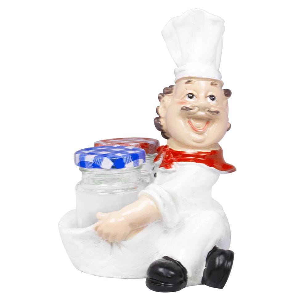 Foodie Chef Figurine Resin Holder with 2 Glass Condiment Jars (Side Facing)