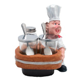 Happy Chef Figurine Resin Holder Tray with 2 Glass Condiment Jars (Chef in Front)