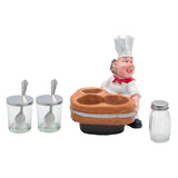 Happy Chef Figurine Resin Holder Tray with 2 Glass Condiment Jars (Chef in Front)