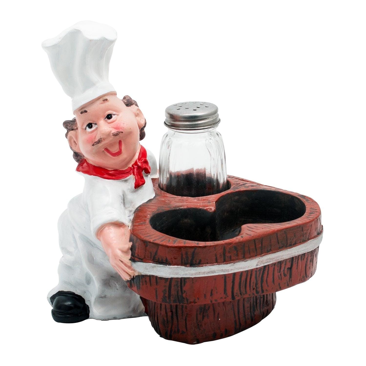 Happy Chef Figurine Resin Holder Tray with 2 Glass Condiment Jars (Jars in Front)