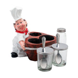 Happy Chef Figurine Resin Holder Tray with 2 Glass Condiment Jars (Jars in Front)