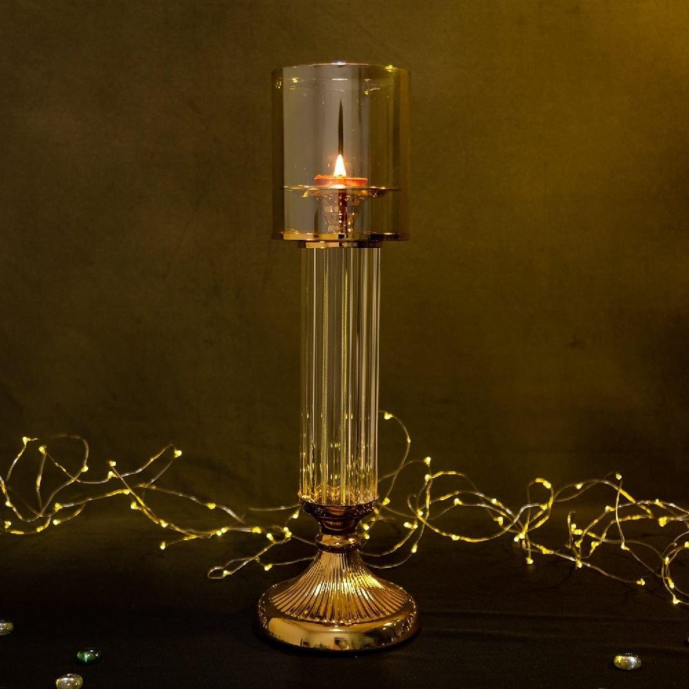 Seek & Suave Medium Decorative Metal Candle Stand with Glass Candle Shade