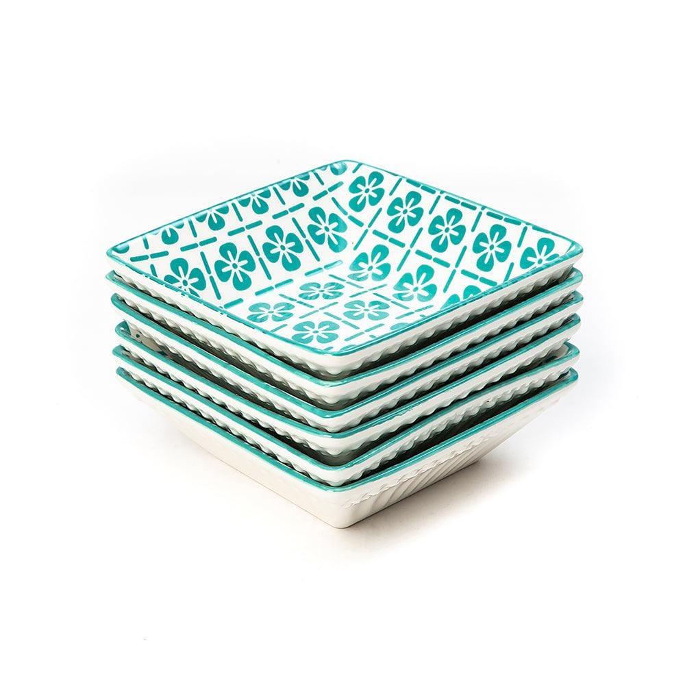 Glazed Green Mandala Square Ceramic Bowls (4.5 Inch) (Set of 6)