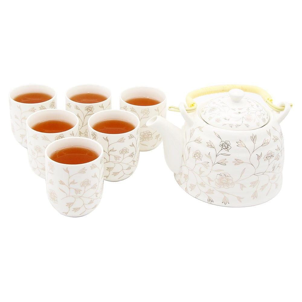 Elegant Gold Flowers on Cream Ceramic Tea Pot & 6 Cups Set with SS Infuser in Gift Box