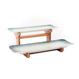 2 Tier Gray & White Ceramic Serving Platters on Wooden Stand Set