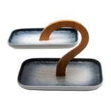 2 Tier Gray & White Ceramic Elegant Q Serving Platter with Wooden Handle