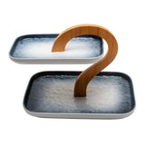 2 Tier Gray & White Ceramic Elegant Q Serving Platter with Wooden Handle