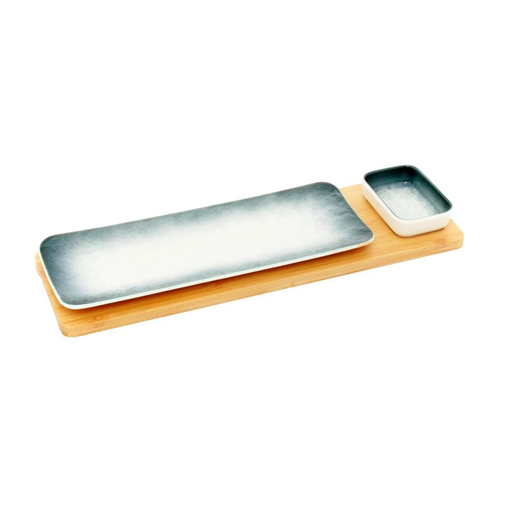 Gray-White Long Rectangle Sushi Plate on Wooden Tray Set (1 Plate - 1 Bowl)