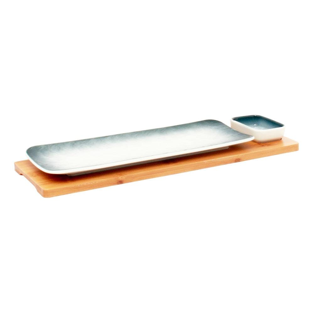 Gray-White Rectangle Sushi Plate on Wooden Tray Set (1 Plate - 1 Bowl)