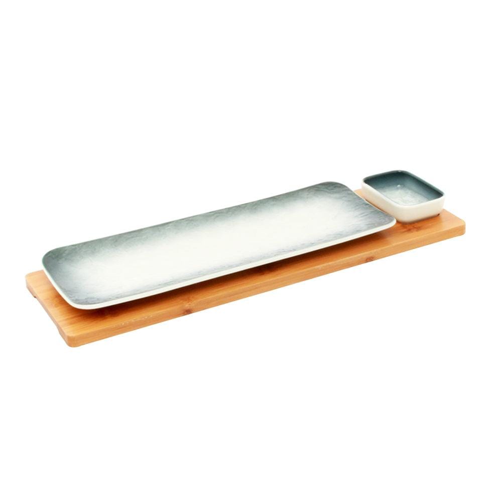 Gray-White Rectangle Sushi Plate on Wooden Tray Set (1 Plate - 1 Bowl)