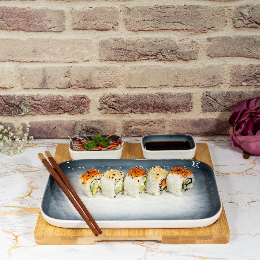Gray-White Rectangle Sushi Plate on Wooden Tray Set (1 Plate - 2 Bowls)
