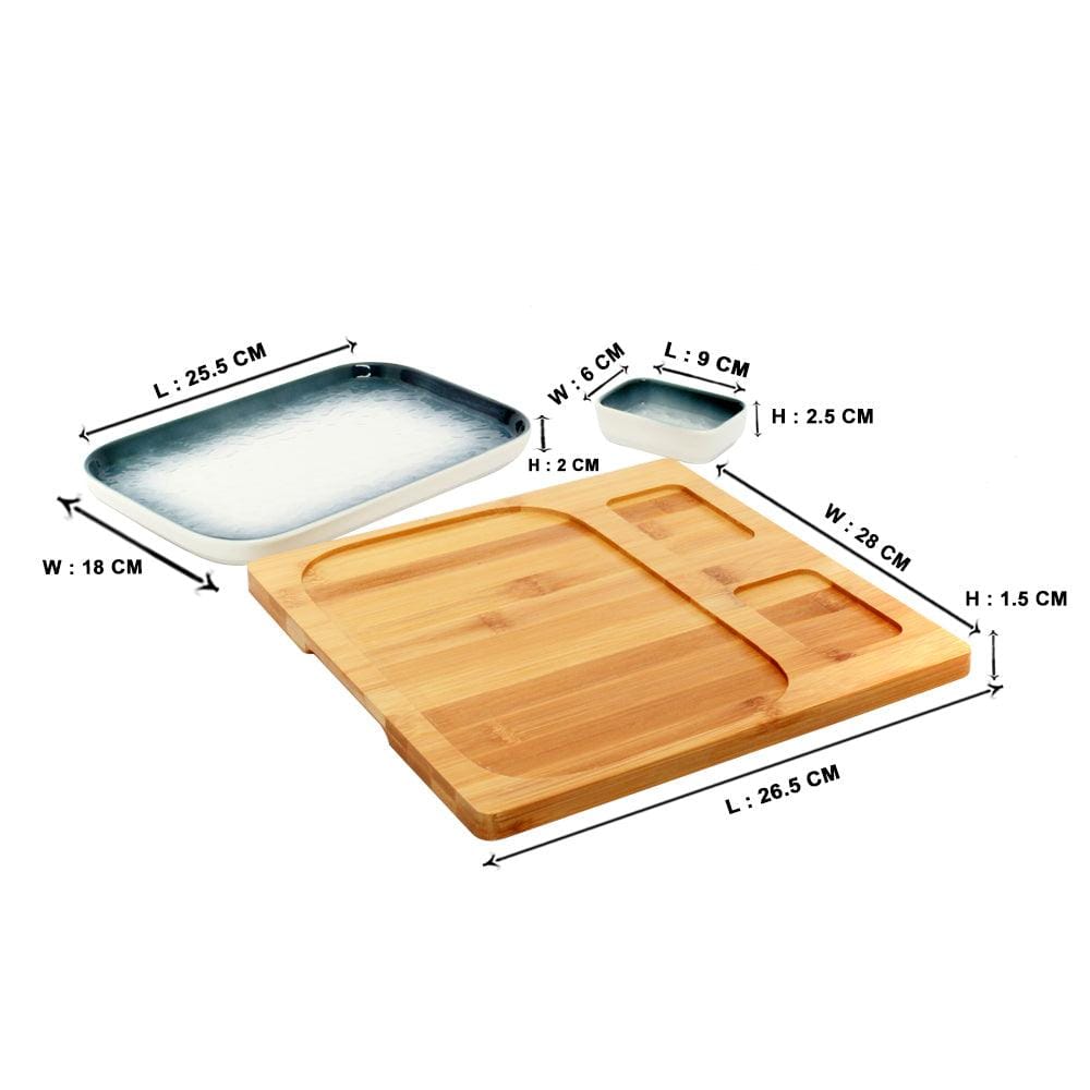 Gray-White Rectangle Sushi Plate on Wooden Tray Set (1 Plate - 2 Bowls)