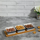 Gray-White 3 Ceramic Serving Bowls on Wooden Tray Set