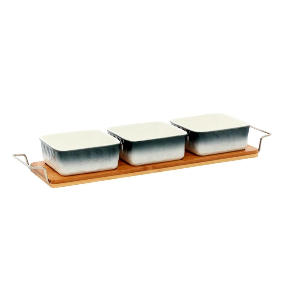 Gray-White 3 Ceramic Serving Bowls on Wooden Tray Set