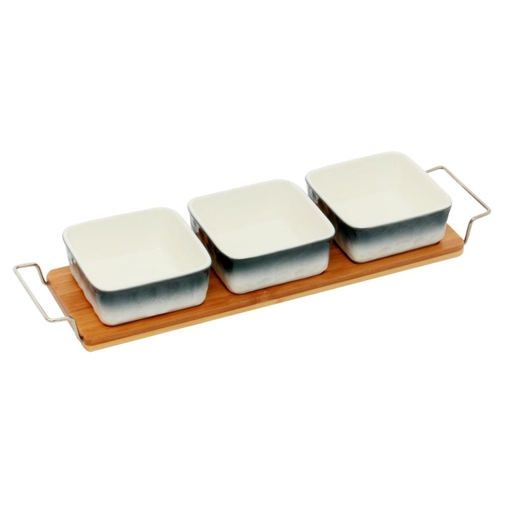 Gray-White 3 Ceramic Serving Bowls on Wooden Tray Set