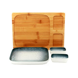 Gray-White Square Sushi Plate on Wooden Tray Set (1 Plate - 2 Bowls)
