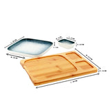 Gray-White Square Sushi Plate on Wooden Tray Set (1 Plate - 2 Bowls)