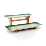 2 Tier Green & White Ceramic Serving Platters on Wooden Stand Set