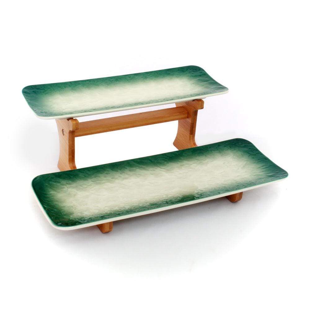 2 Tier Green & White Ceramic Serving Platters on Wooden Stand Set