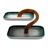 2 Tier Green & White Ceramic Elegant Q Serving Platter with Wooden Handle