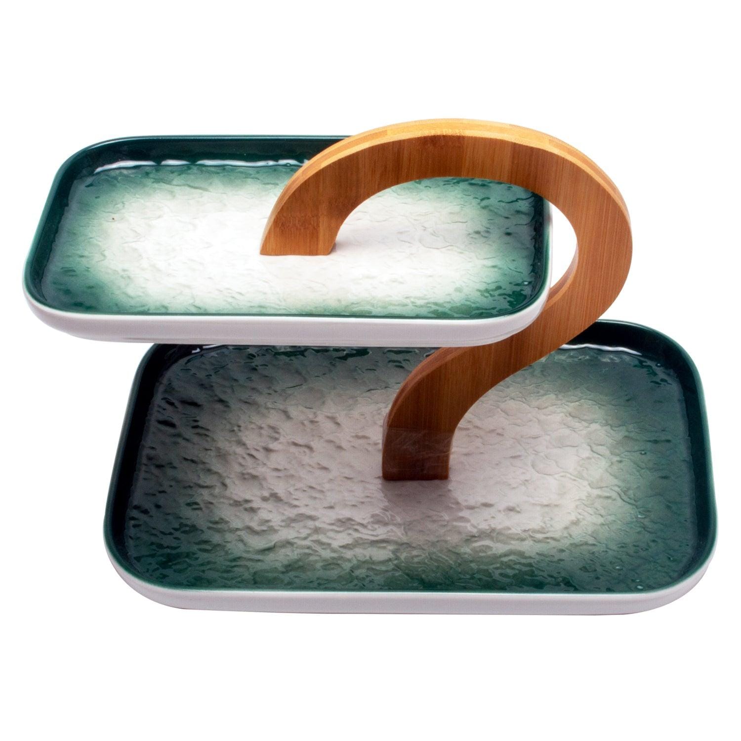 2 Tier Green & White Ceramic Elegant Q Serving Platter with Wooden Handle