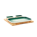 Green-White Rectangle Sushi Plate on Wooden Tray Set (1 Plate - 2 Bowls)