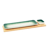 Green-White Long Rectangle Sushi Plate on Wooden Tray Set (1 Plate - 1 Bowl)