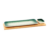 Green-White Rectangle Sushi Plate on Wooden Tray Set (1 Plate - 1 Bowl)