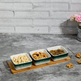 Green-White 3 Ceramic Serving Bowls on Wooden Tray Set