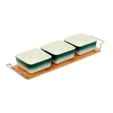 Green-White 3 Ceramic Serving Bowls on Wooden Tray Set