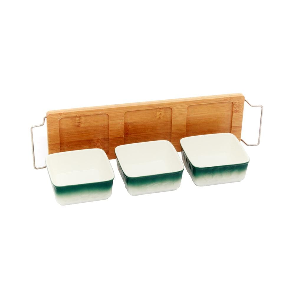 Green-White 3 Ceramic Serving Bowls on Wooden Tray Set