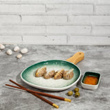 Green-White Ceramic Serving Platter with Wooden Handle