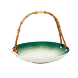 Green-White Serving Platter with Wooden Handle