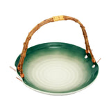 Green-White Serving Platter with Wooden Handle