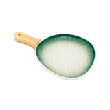 Green-White Ceramic Serving Platter with Wooden Handle