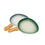 Green-White Ceramic Serving Platter with Wooden Handle